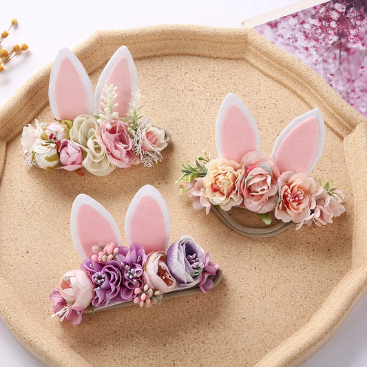 Easter Day Baby Headband Rabbit Ear Newborn Photography Props Boy Girl Nylon Hair Bands Artificial Flower Festival Headwrap