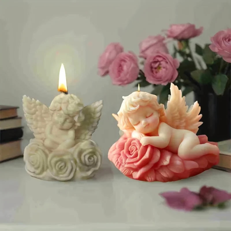 3D Cute DIY Flower Angel Candle Silicone Mold Wings Boy Angel Candle Mould Rose Flower Angel Concrete Cement Gypsum Molds