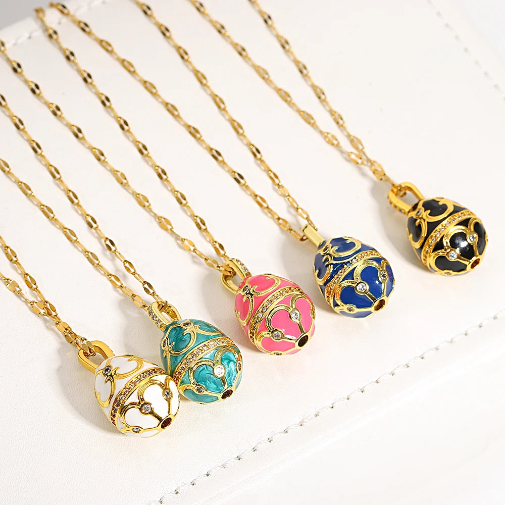 AENSOA Colorful Enamel Easter Egg Pendant Necklaces for Women Guilloche Locket Egg Rhinestone Charm Necklace Gold Color Jewelry