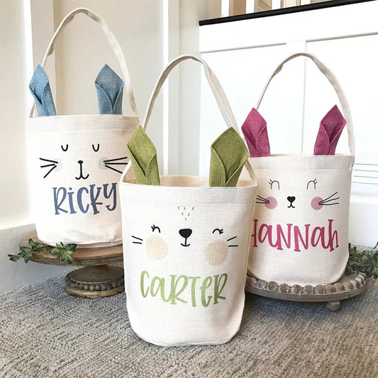 custom personalized name bunny ears Egg Hunt basket rabbit blue pink green happy Easter party children kid boy girl gift bag