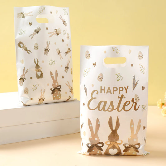 50pcs Happy Easter Tote Bags with Handles Cartoon Bunny Three Rabbits Plastic Gift Bags for Easter Egg Hunt Party Favors Gifts