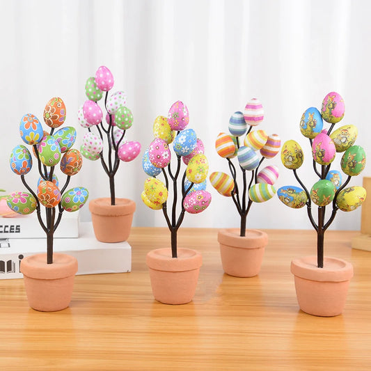 Colorful Easter Eggs Tree Branch DIY Painting Foam Bunny Eggs 2024 Easter Decoration For Home Kids Gift Party Fake Flower Plants