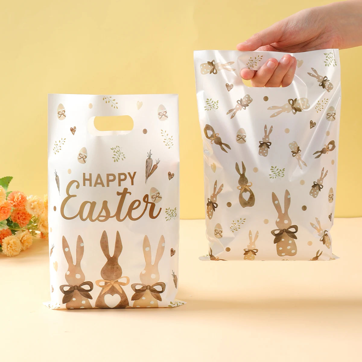 50pcs Happy Easter Tote Bags with Handles Cartoon Bunny Three Rabbits Plastic Gift Bags for Easter Egg Hunt Party Favors Gifts