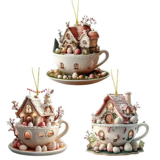 Easter Coffee Cup Ornaments Cartoon Bunny Egg House Coffee Mug Decorative 2D Acrylic Ornaments 2025 Spring Party Supplies