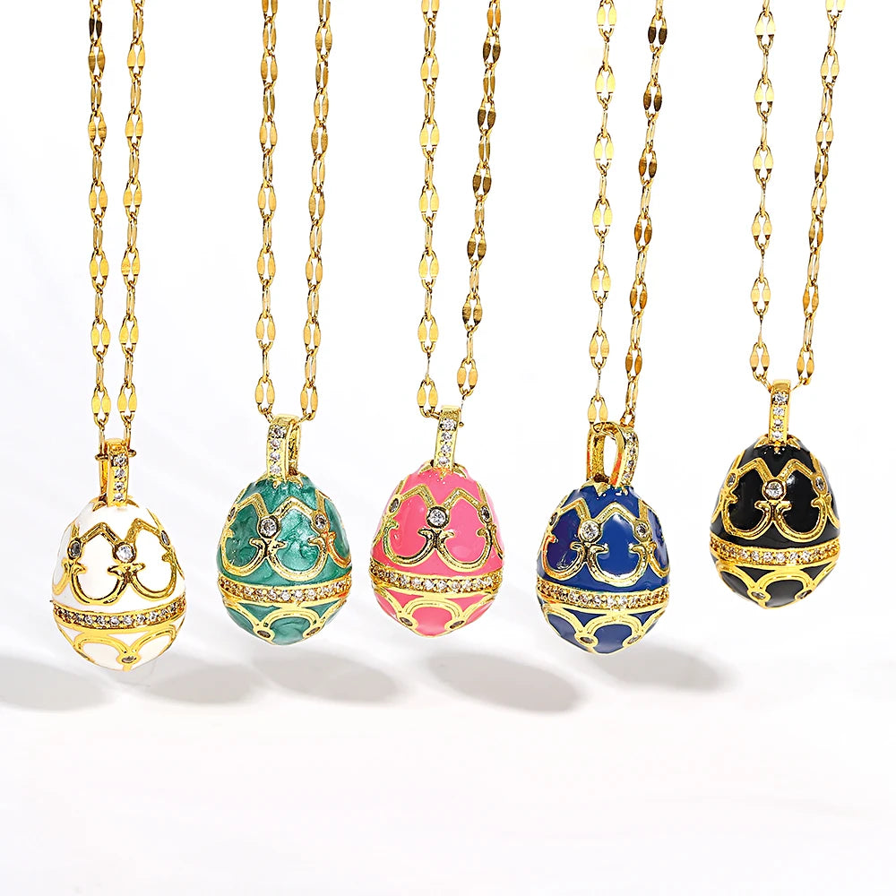 AENSOA Colorful Enamel Easter Egg Pendant Necklaces for Women Guilloche Locket Egg Rhinestone Charm Necklace Gold Color Jewelry