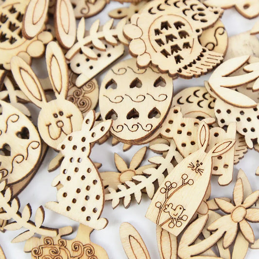 50/100pcs Happy Easter Rabbit Eggs Wooden Craft Easter Decorations Home Party DIY Wood Chips Hanging Ornaments Natural Handcraft