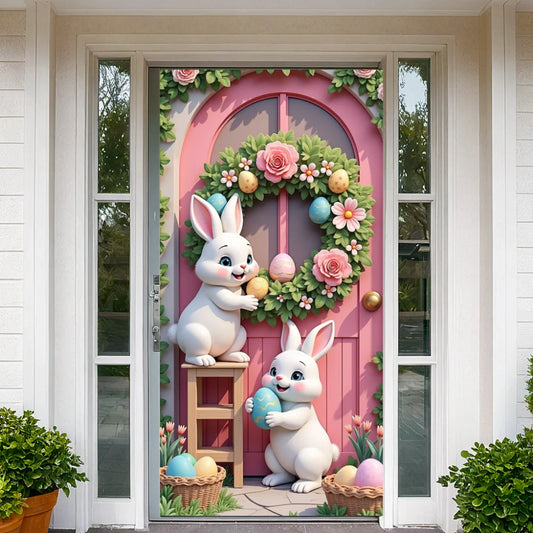 Easter Decoration Bunny Theme Door Cover Pink Lining For Door Fantasy Spring Wreath Flower Eggs Party Diy Garden Outdoor Decors