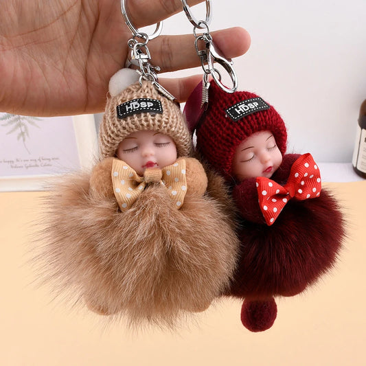 Sleeping Baby Keychain Cute Fluffy Plush Doll Keychains Women Girl Bags Pendant Cars Key Ring Backpack Decoration Gift