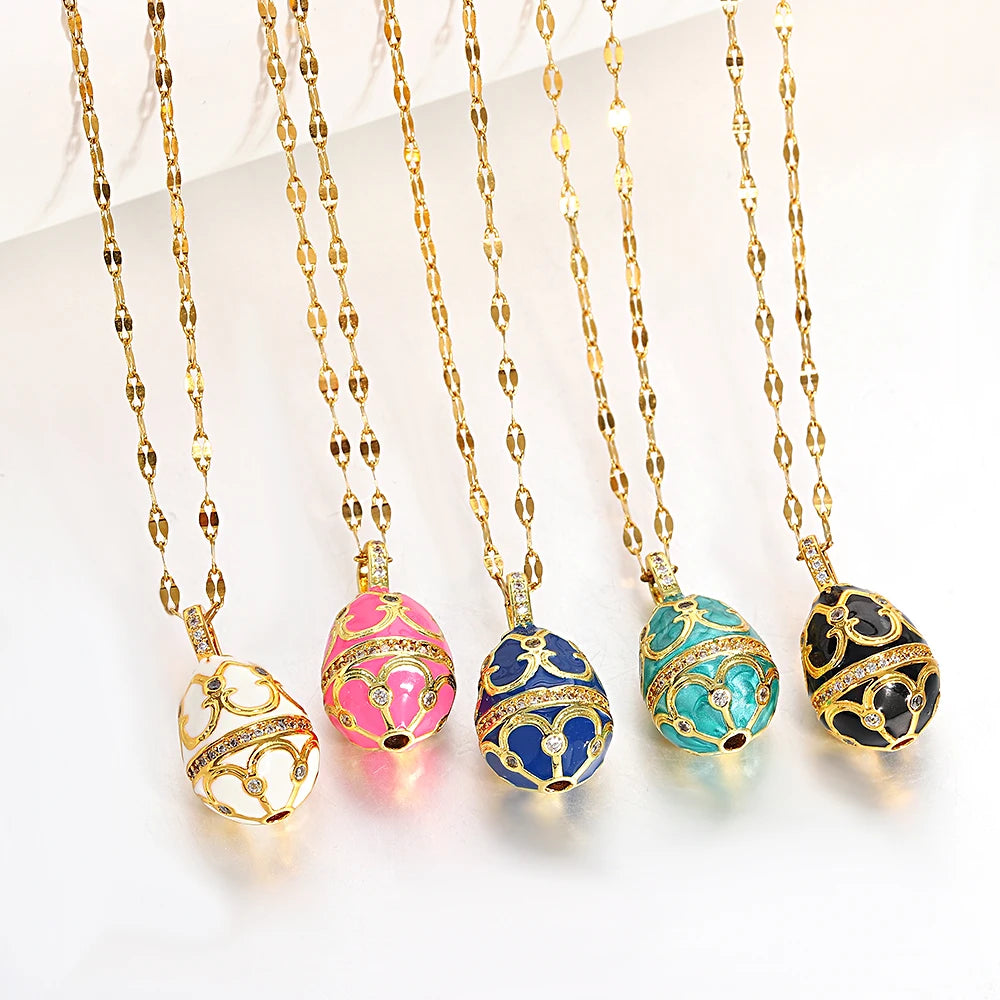 AENSOA Colorful Enamel Easter Egg Pendant Necklaces for Women Guilloche Locket Egg Rhinestone Charm Necklace Gold Color Jewelry