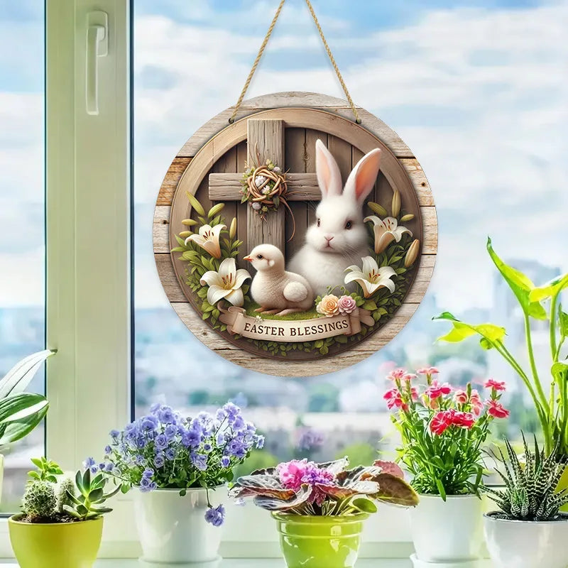 1pc 2D Rustic Easter Wooden Sign Bunny Rabbit Wood Welcome Sign for Easter Spring Holiday Front Door Home Wall Hanging Decor