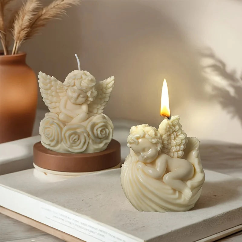 3D Cute DIY Flower Angel Candle Silicone Mold Wings Boy Angel Candle Mould Rose Flower Angel Concrete Cement Gypsum Molds