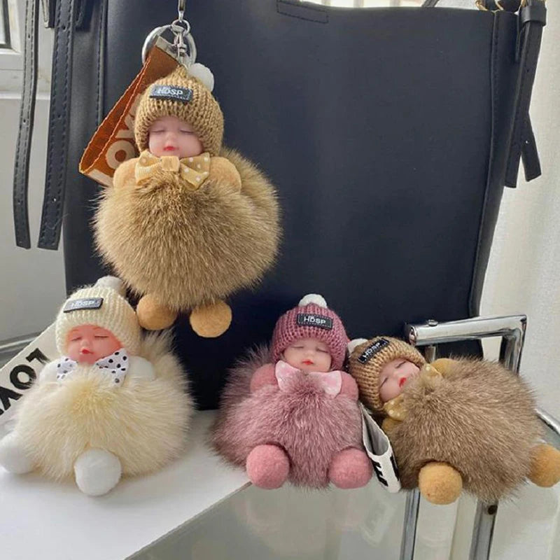 Sleeping Baby Keychain Cute Fluffy Plush Doll Keychains Women Girl Bags Pendant Cars Key Ring Backpack Decoration Gift